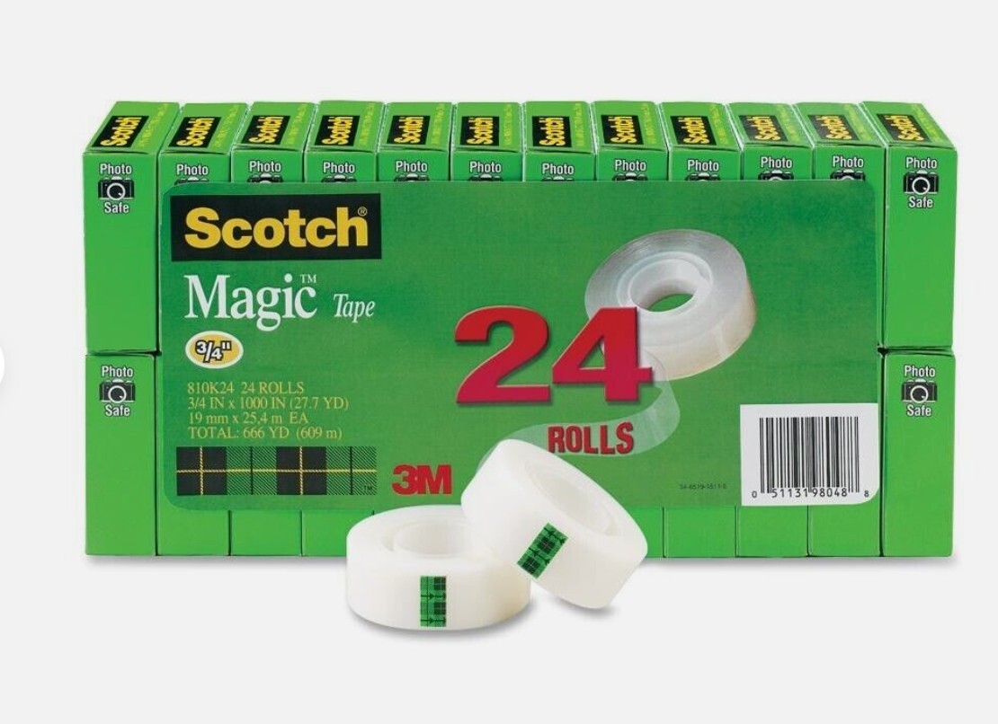 Scotch Magic Invisible Tape – 0.75″ Width X 83.33 Ft Length – 1″ Core – 24 ROLLS