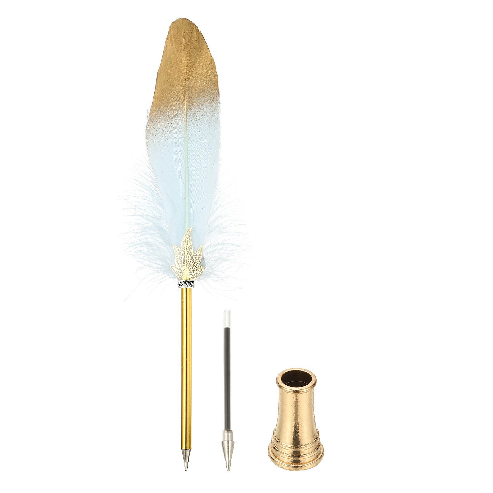 Feather Pen Quill, Feather Ballpoint Pen with Golden Pen Holder, Sky Blue