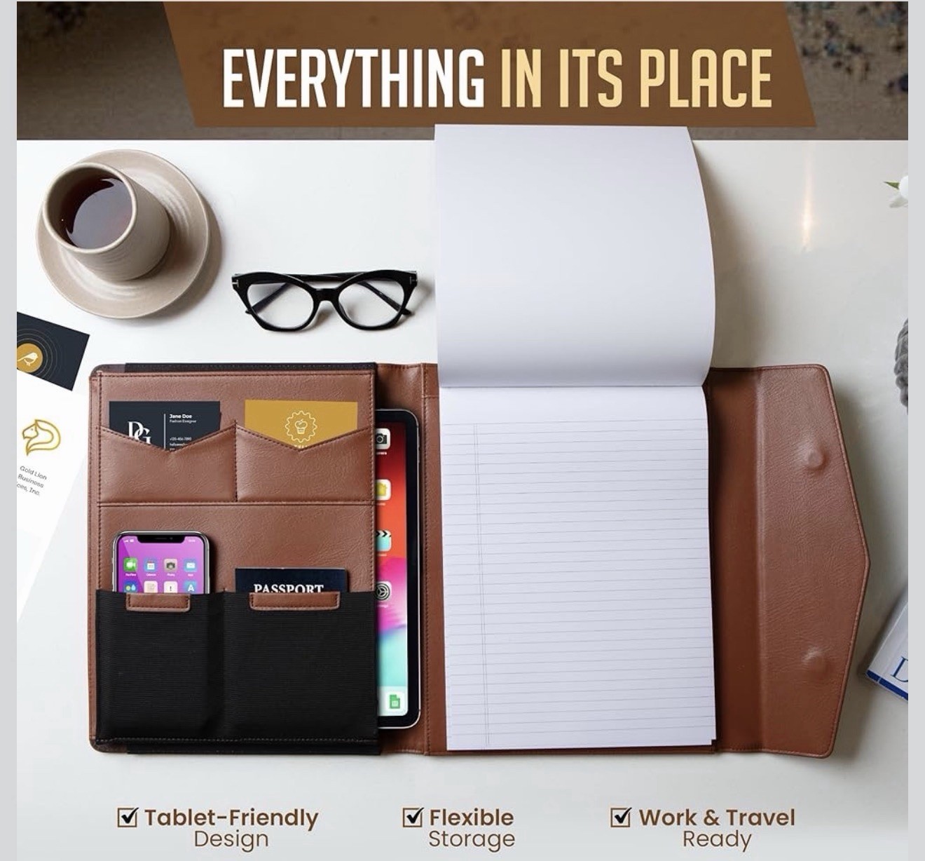 STYLIO Padfolio Organizer Binder Tan Faux Leather w/ Notepad (12.5”X10.2”X1.6”)