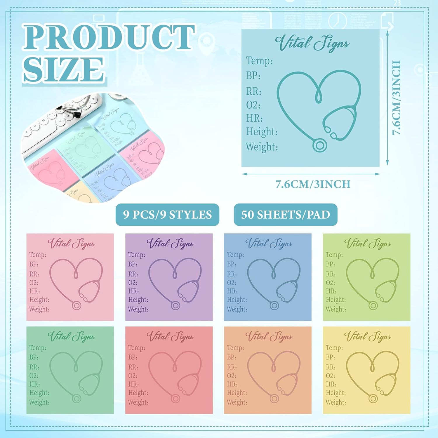 9 Pcs Vital Signs Sticky Notes Cute Self Stick Notepads Easy to Post Desk Suppli