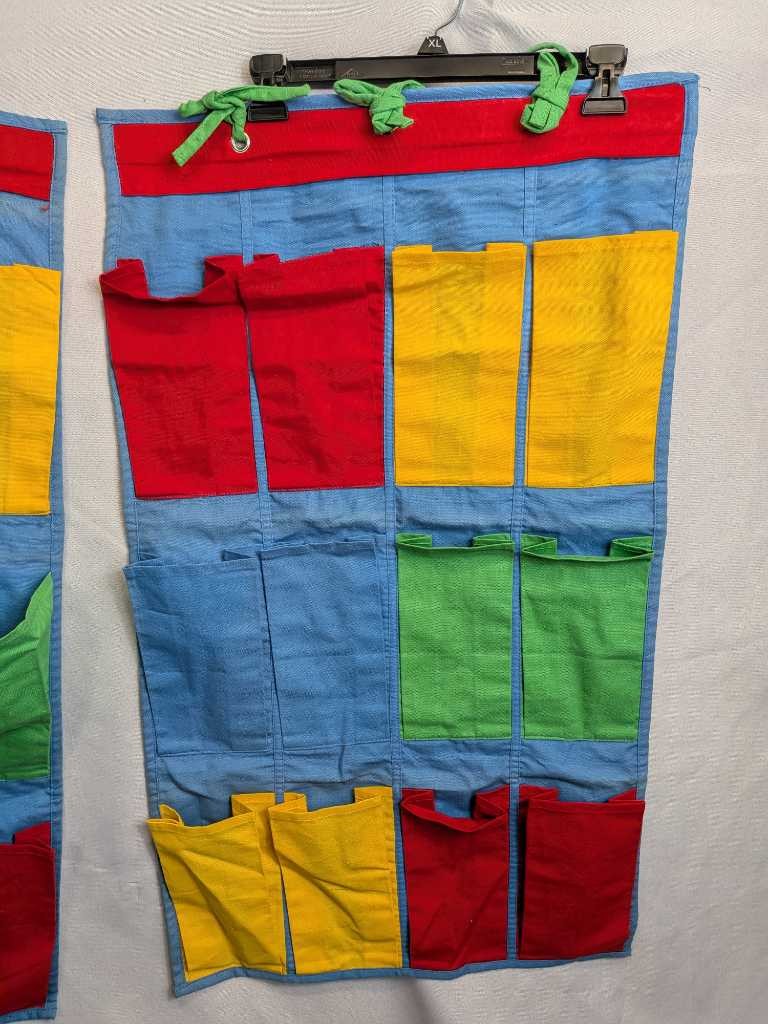 Vintage Classroom Hanging Pocket Organizer Red Yellow Green Blue 2 Pc Set