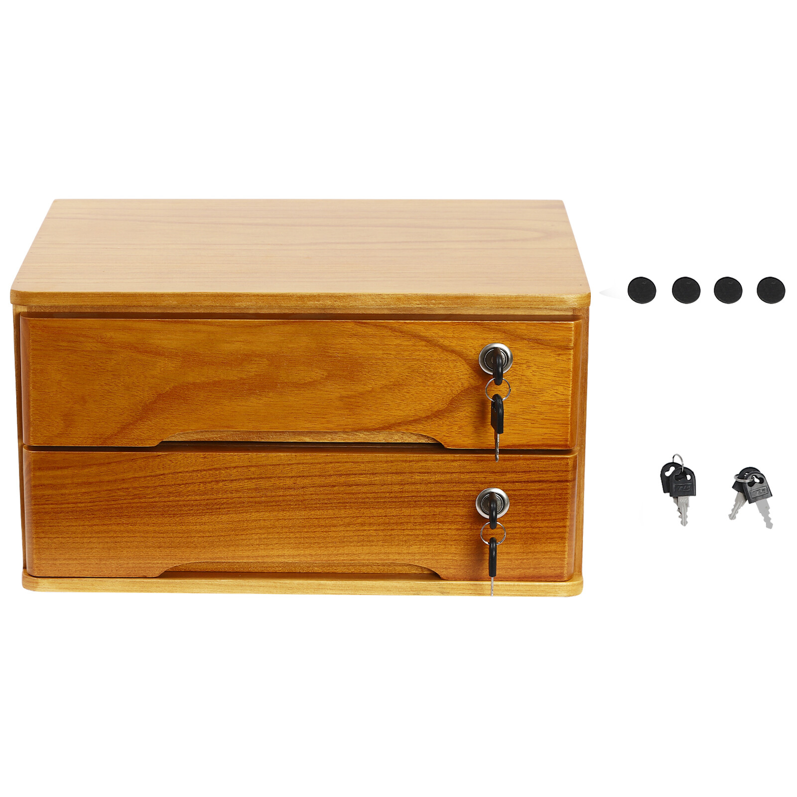 Retro Wooden Desktop Storage Box 2-Tier Desk Organizer w/ Lockable Drawers