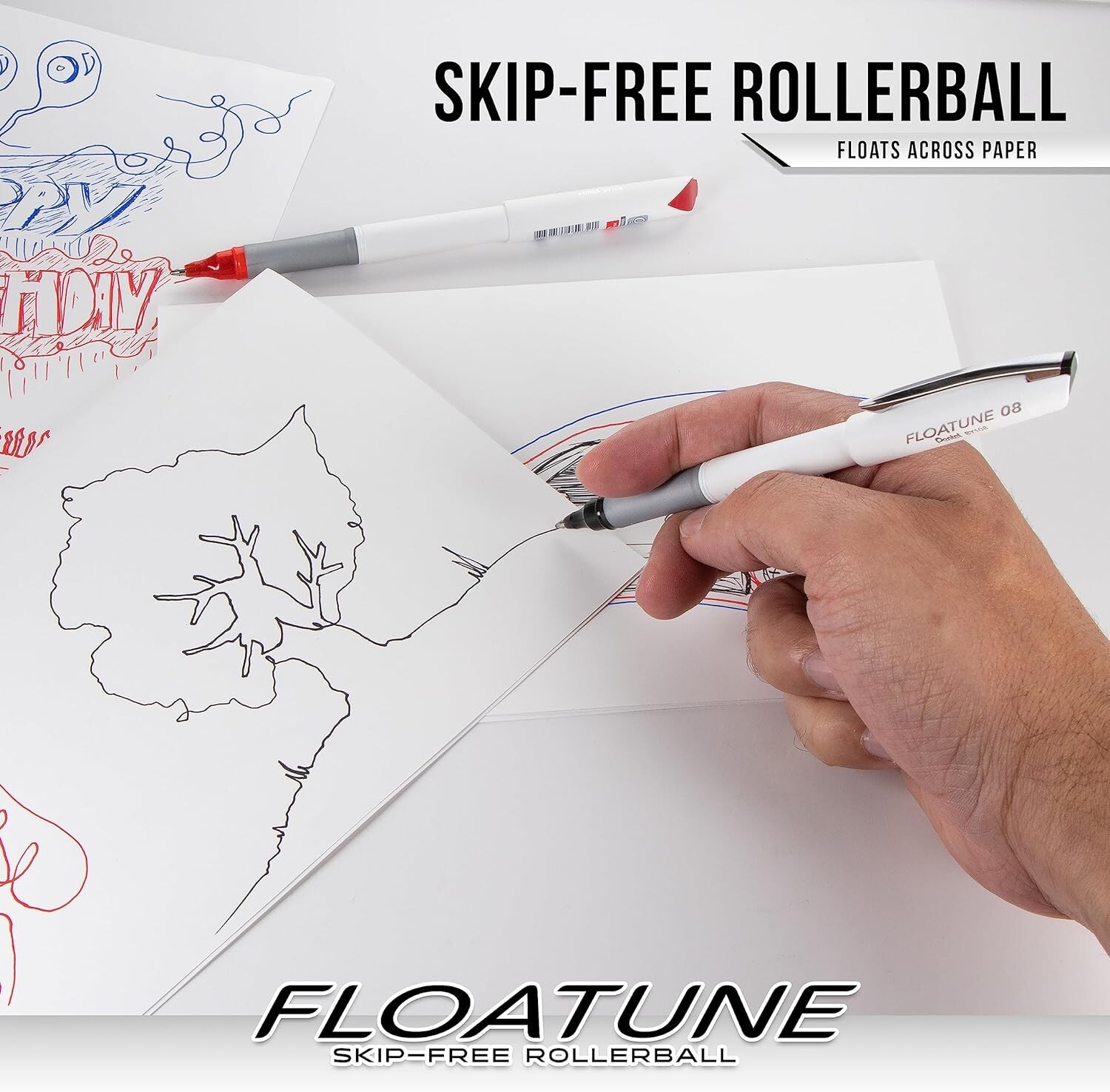 Pentel Floatune Skip Free Rollerball, 0.8mm Med point, Blue Ink, Pack of 8 pens