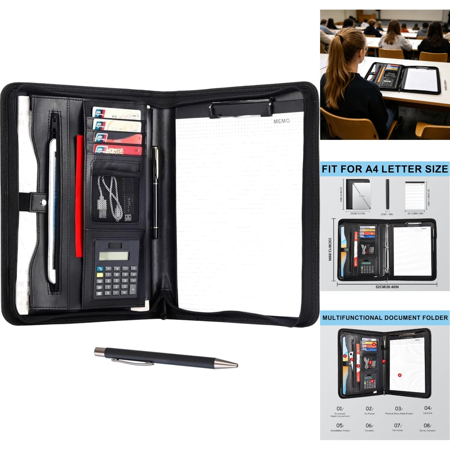 Zippered Leather Portfolio Professional Interview Resume Organizer Document Case