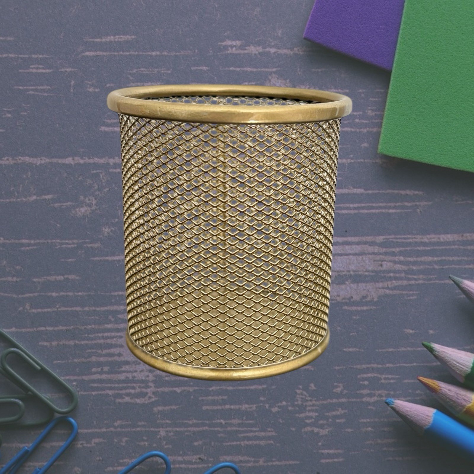 2 Pack Pen Holder Metal Mesh Pencil Holders Round Shaped Pen Holders (Gold)