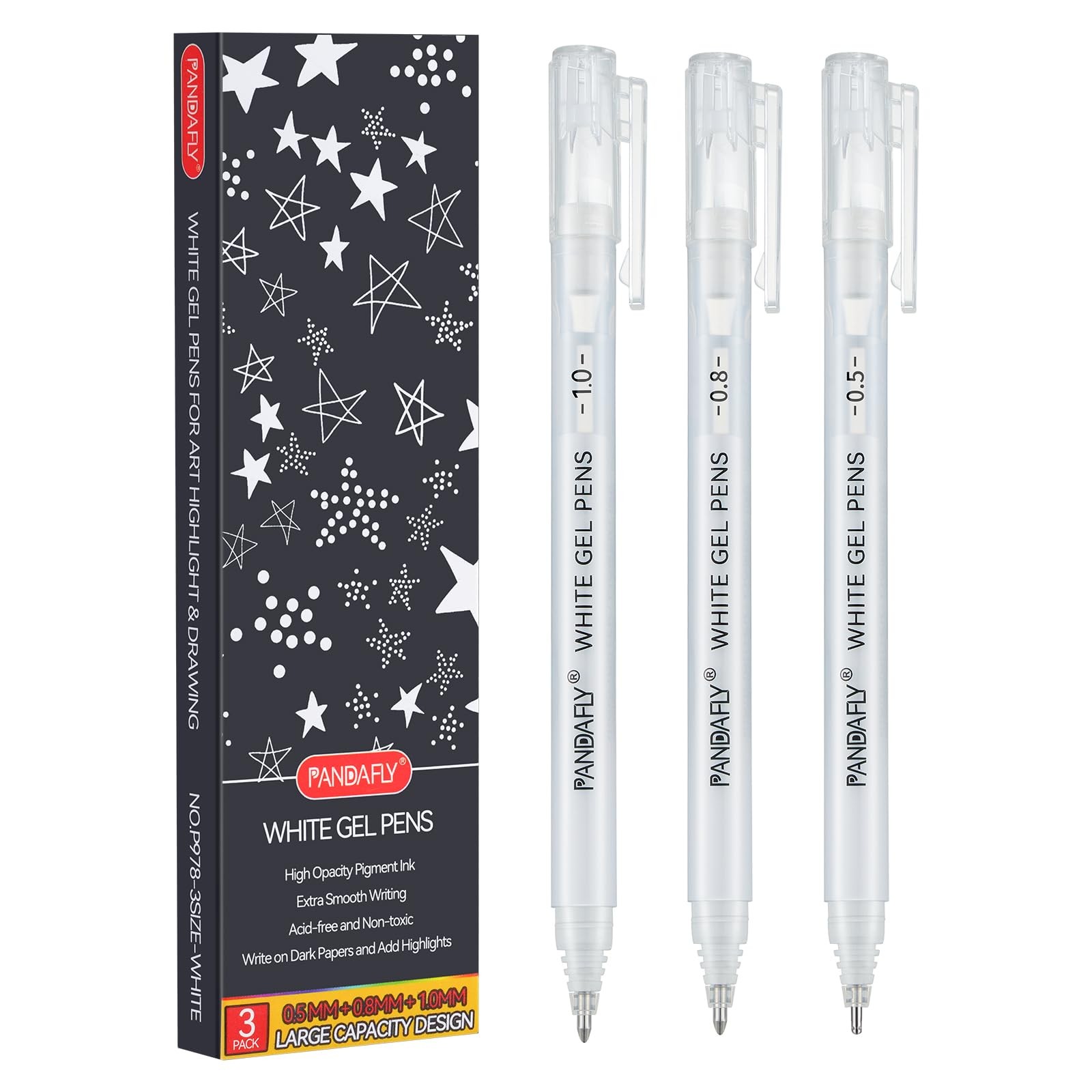White Gel Pen Set of 3, 0.5/0.8/1.0mm Assorted Sizes Opaque White Archival In…