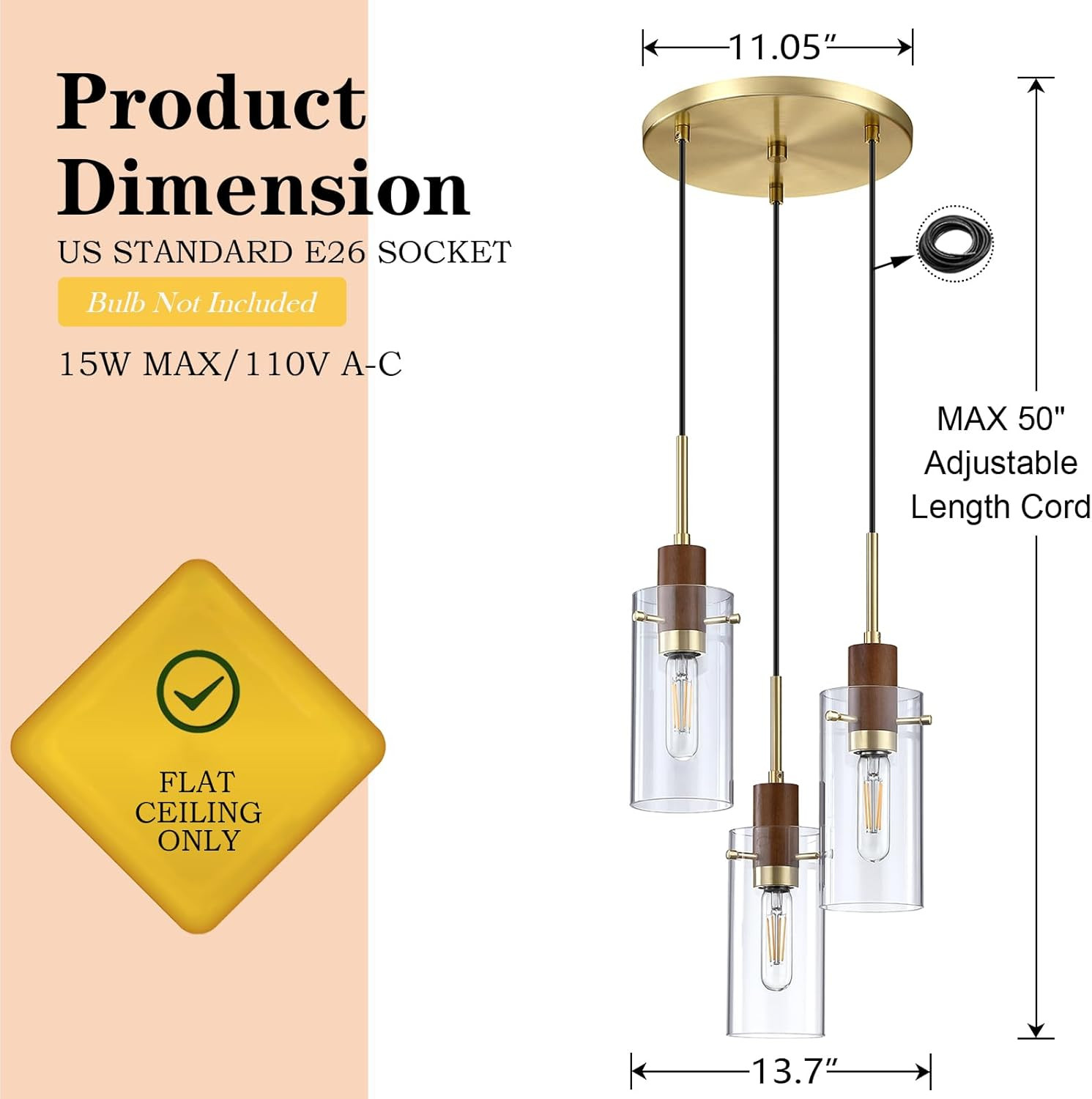 3 Light Pendant Ceiling Light Hanging Modern Farmhouse Indoor Kitchen Island Fix