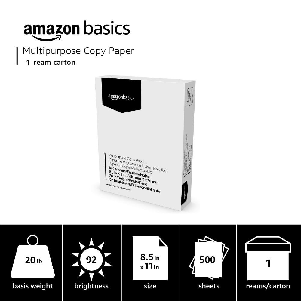Amazon Basics Multipurpose Copy Printer Paper, 8.5 x 11 Inches, 20 lb, 1 Ream…