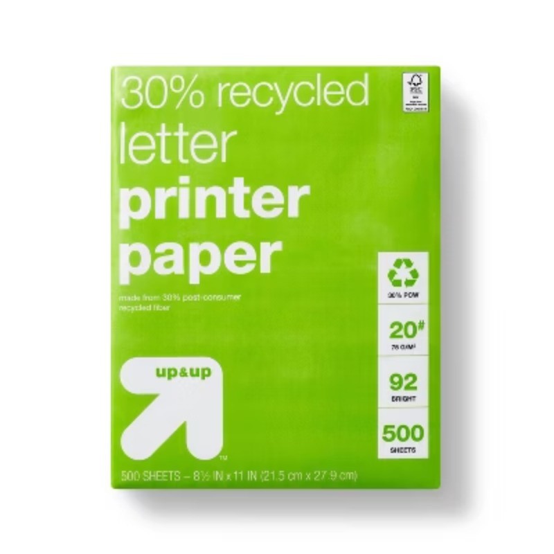 Printer Paper Letter Size 20lb 500ct White: 30% Recycled,8.5×11 In,92 Brightness