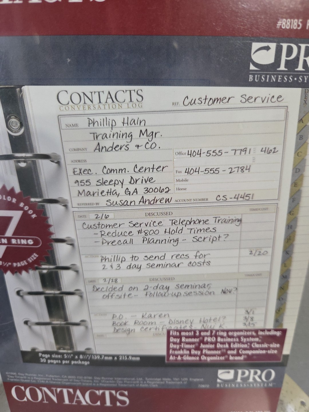 Day Runner CONTACTS Planning Pages Undated 5 1/2″ x 8 1/2” 30 Pages