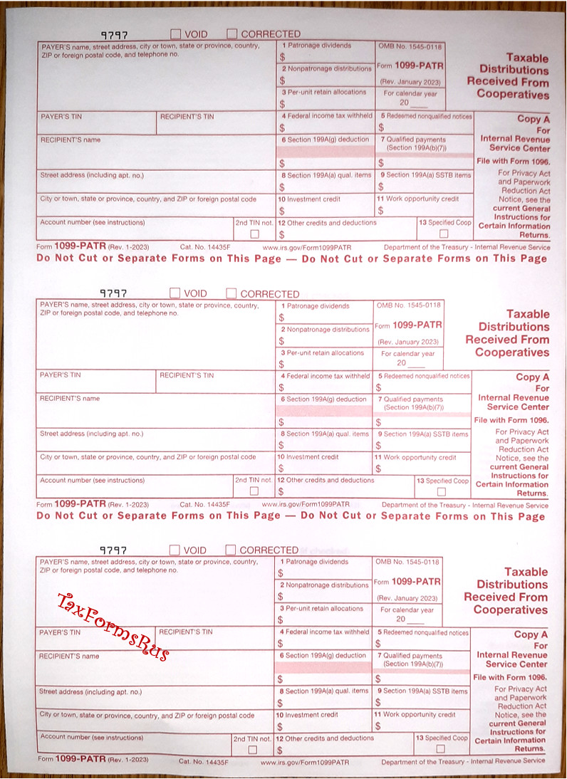 2024 IRS Tax Form 1099-PATR single sheet set 3 recipients, NONCarbonless 3pt 3UP