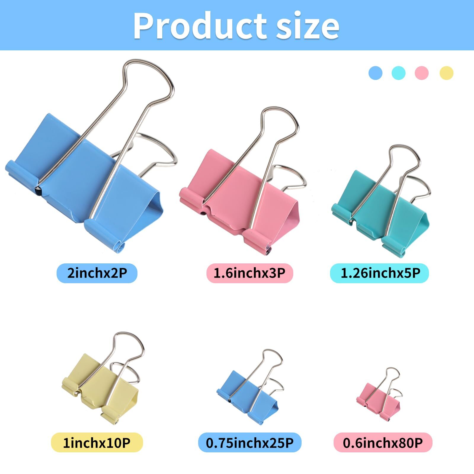 125Pcs Binder Clips Colored, Binder Clips Assorted Sizes, 6 Sizes