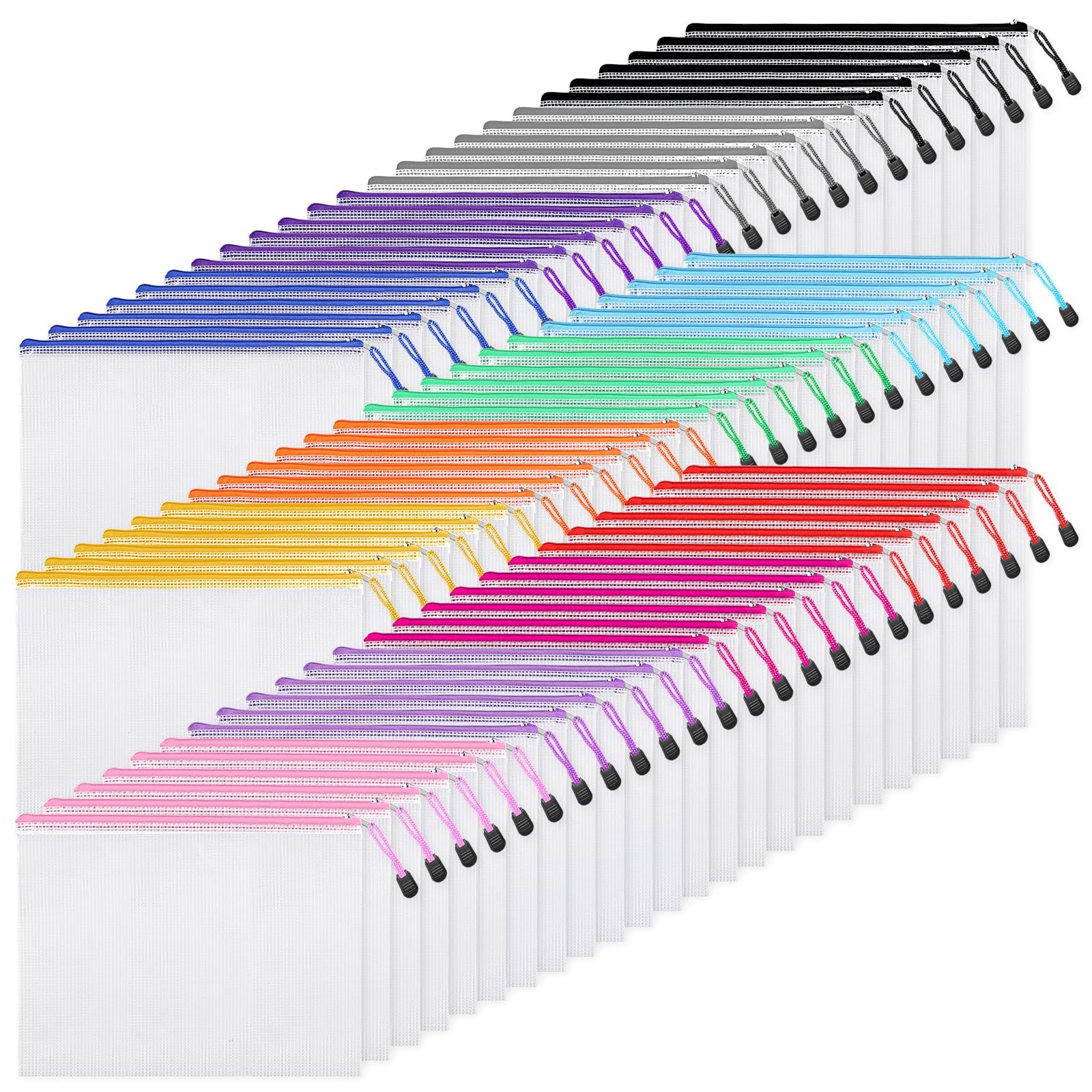 EOOUT 72pcs Mesh Zipper Pouch, A4 Size, 12 Colors Bags for Colorful