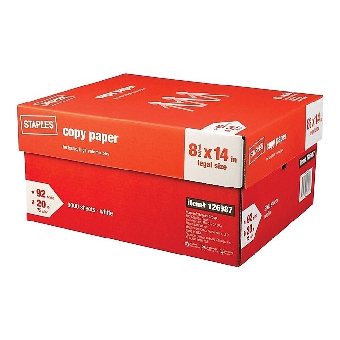 Staples Copy Paper, 8.5″ x 14″, 20 lbs., White, 500 Sheets/Ream, 10 Reams/Carton
