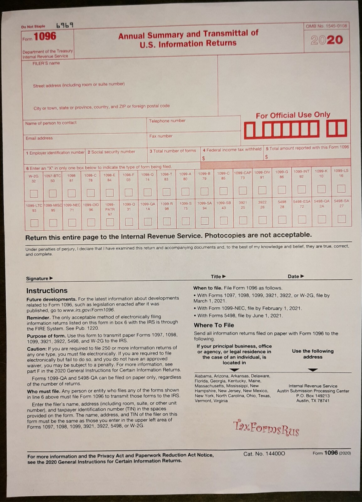 2020 IRS Tax Form 1099-MISC Carbonless for 10 recipients + (2) 1096 — NO Env