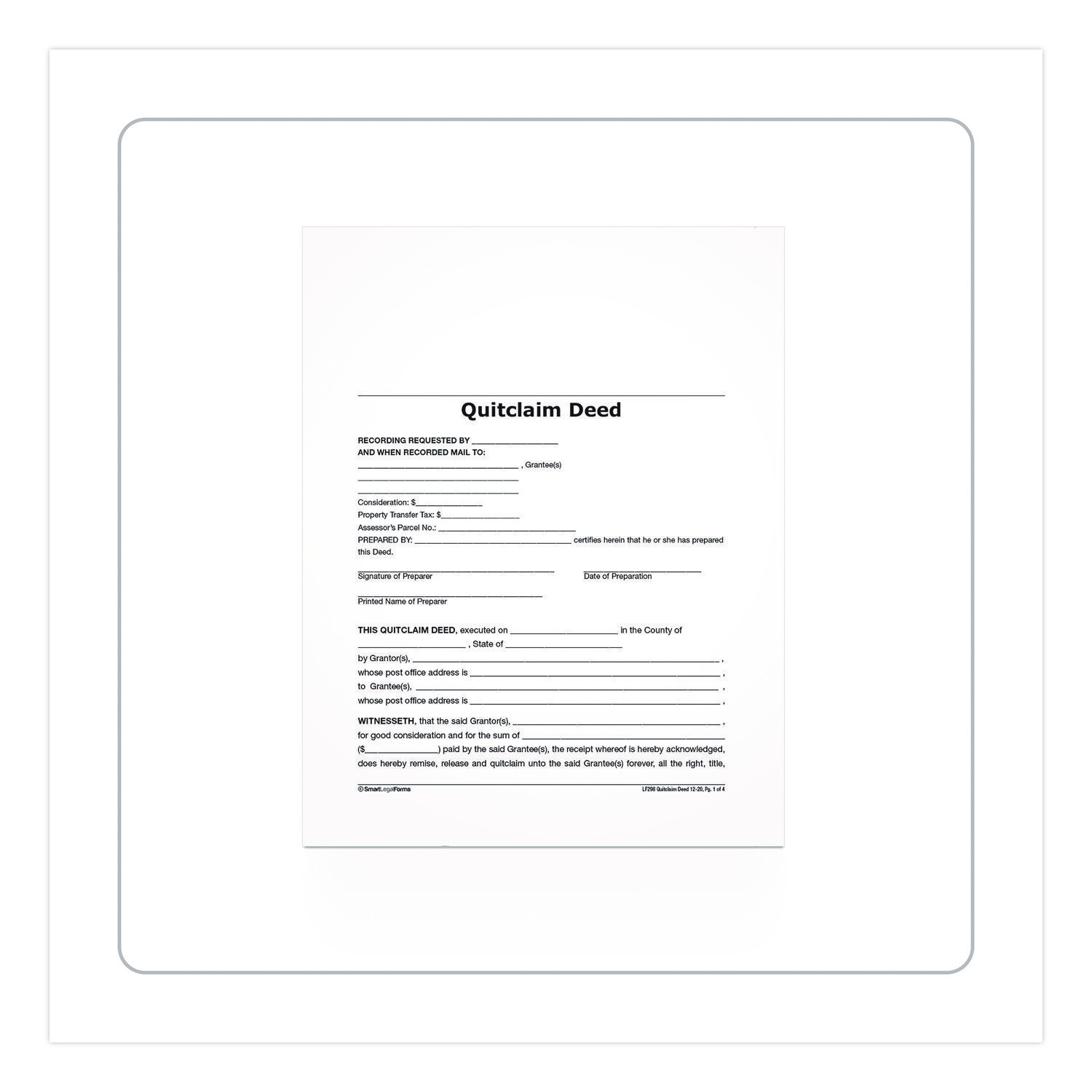Quitclaim Deed Forms with Instructions and Free Downloads, One-Part (No Copies),