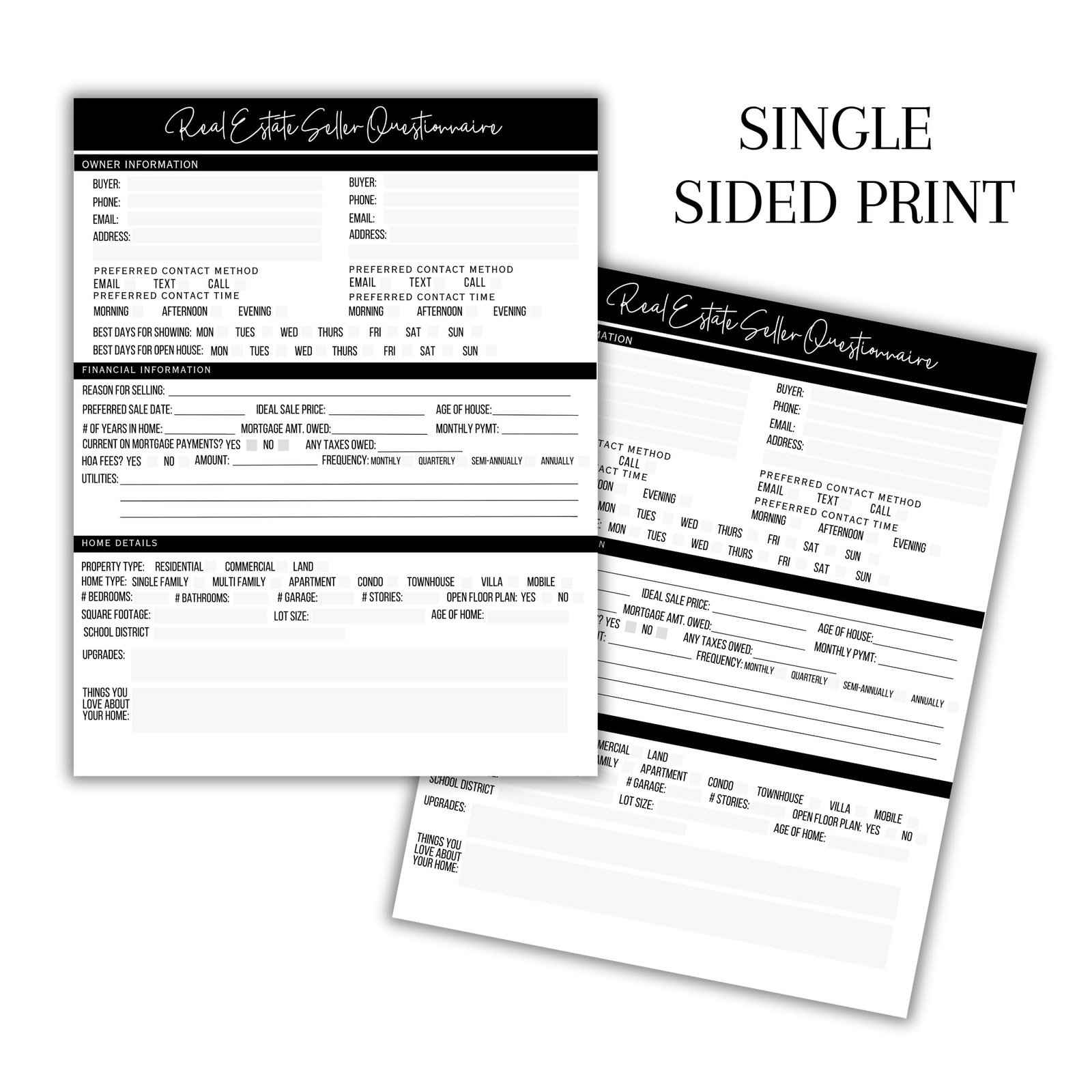 Real Estate Buyer Seller Questionnaire Agent Form 8.5×11 Inch 50 PCS Feedback