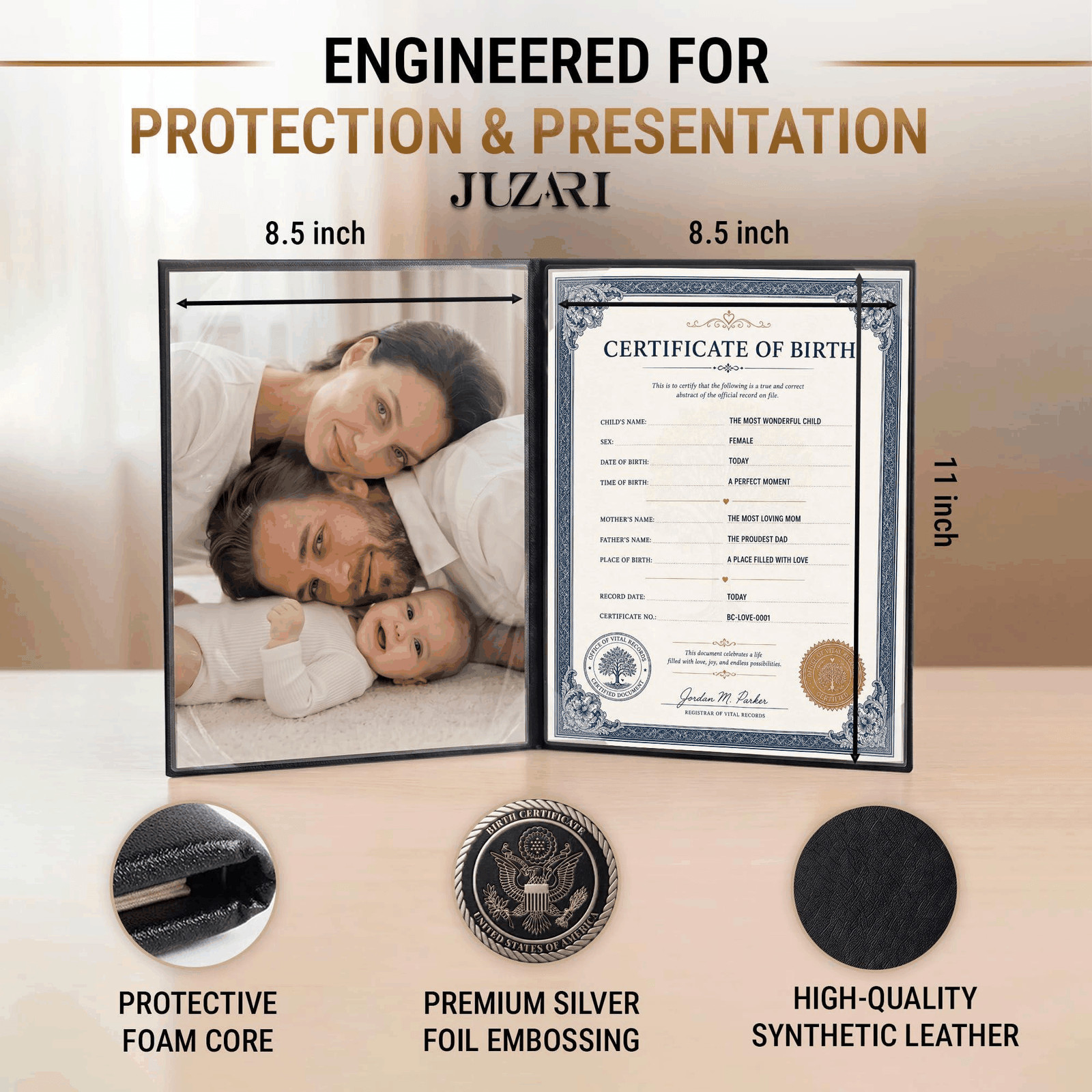 Birth Certificate Holder 8.5×11 Black Faux Leather Document Protector Silver