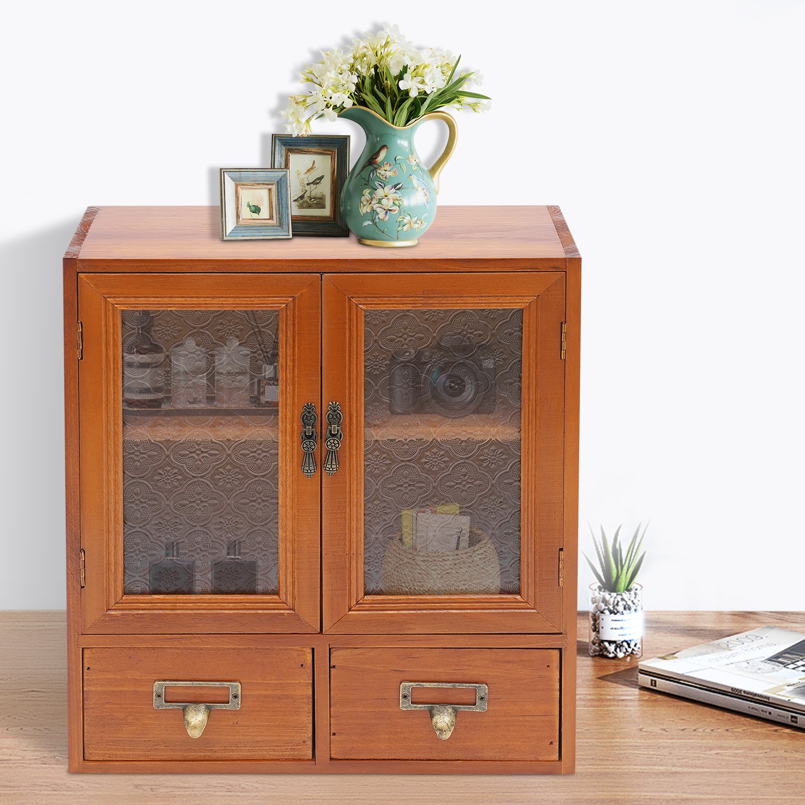 Vintage Tabletop Organizer with 2 Drawers & Glass Door Storage Cabinet Brown