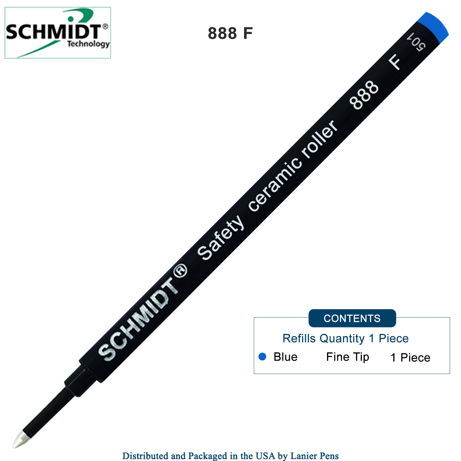 1 X-Schmidt 888 F Safety Ceramic Tip Plastic Tube Rollerball Refills, Blue, Fine