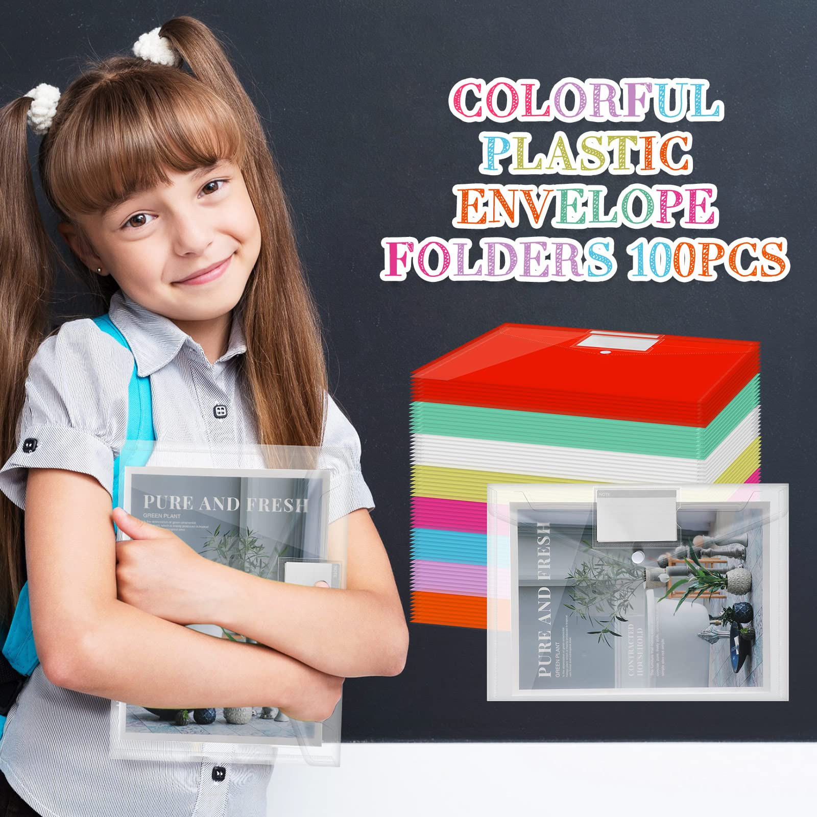 100 Pcs Clear Envelopes with Snap Button Closure A4 Letter Size Plastic Envel…