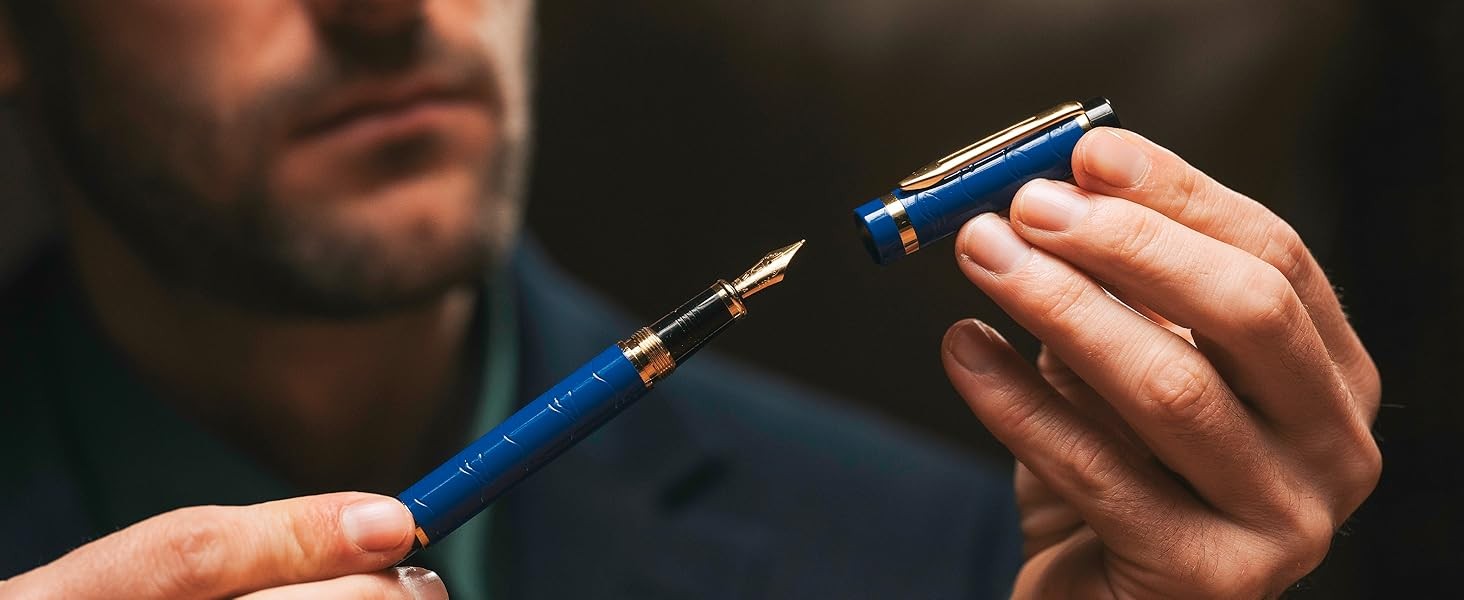 Primori Fountain Pen Set [Blue Gold]; Extra Fine Nib, Case, 24 Ink Cartridges,