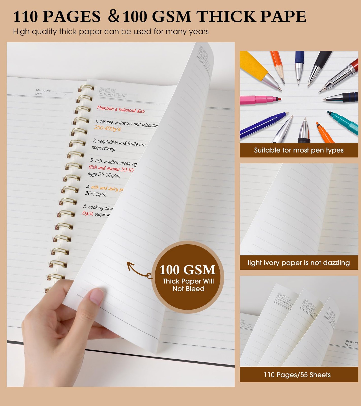 Spiral Notebook Journal 8.5” x 11”, A4 Large Notebooks for Women Line, Black