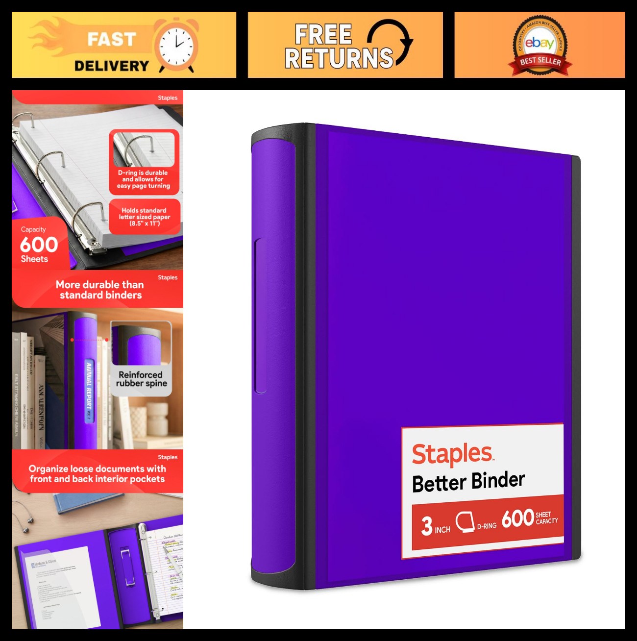 Heavy-Duty 3-Inch D-Ring Binder, Purple – Ideal for School & Office Storage