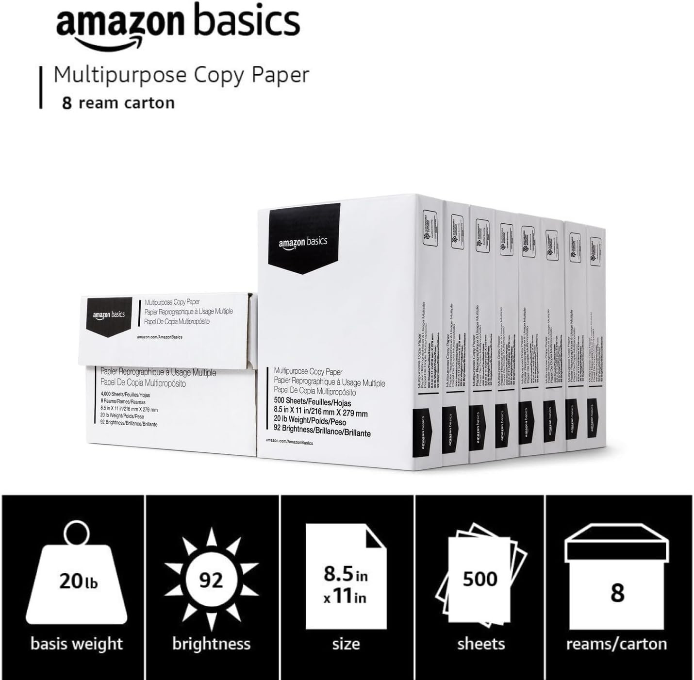 Multipurpose Copy Printer Paper, 20 Lb, 8.5 X 11 Inches, 8 Reams (4,000 Sheets),