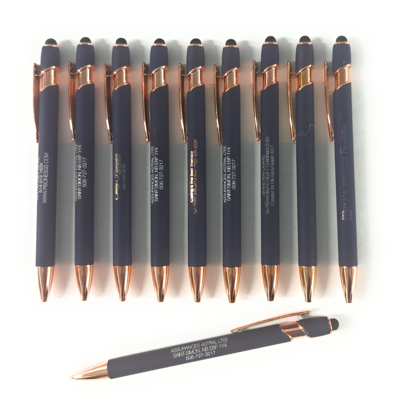 10ct Lot Misprint Metal Retractable Soft Touch Stylus Pens:NAVY BLUE w/ROSE GOLD
