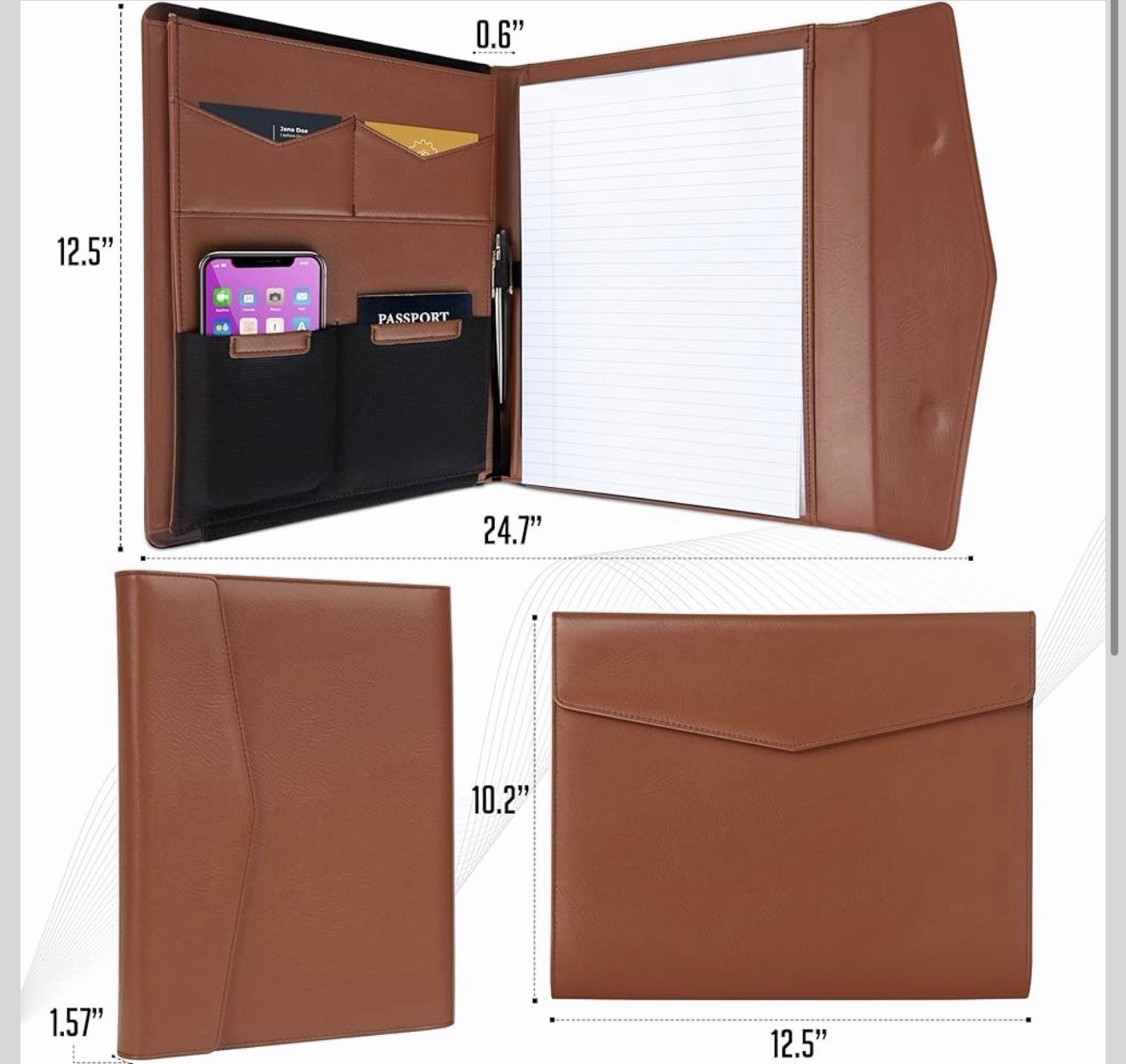 STYLIO Padfolio Organizer Binder Tan Faux Leather w/ Notepad (12.5”X10.2”X1.6”)