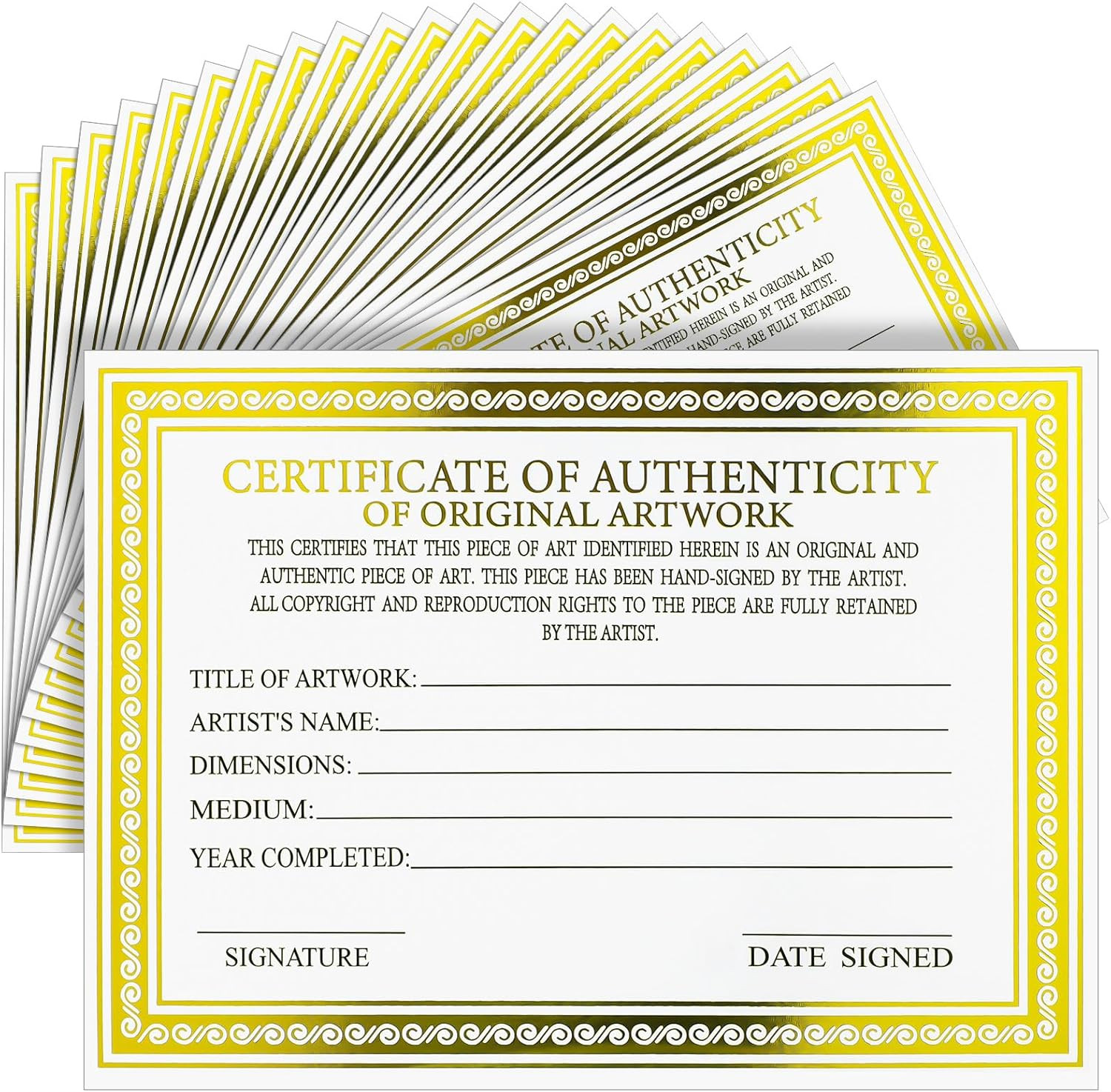 50 Pcs 5 X 7 Inch Certificate of Authenticity for Original Artwork Gold Foil Pre