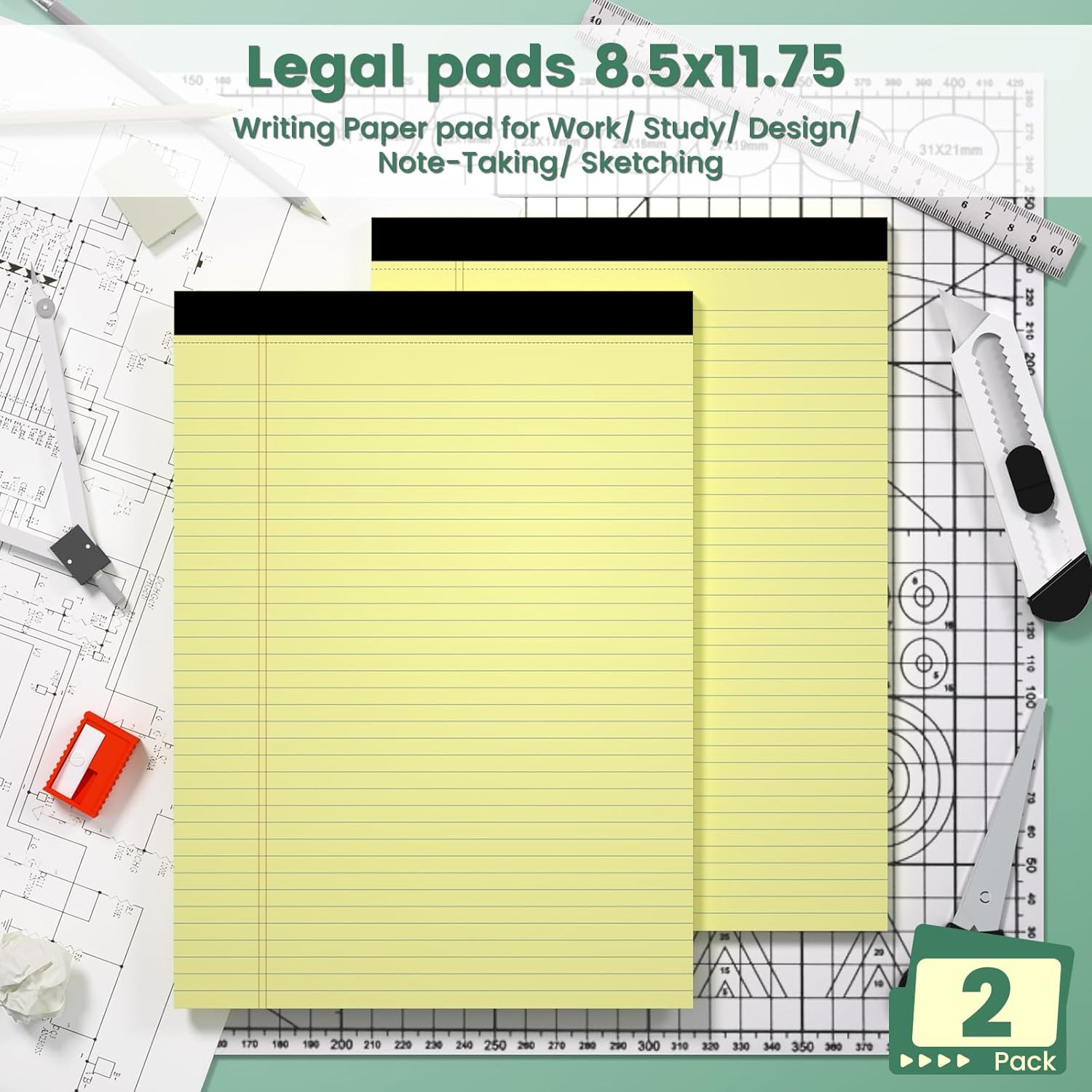 Yellow Legal Pads, 8.5 X 11 Note Pads, 2 Pack College Ruled Notepads 8.5 X 11 Li