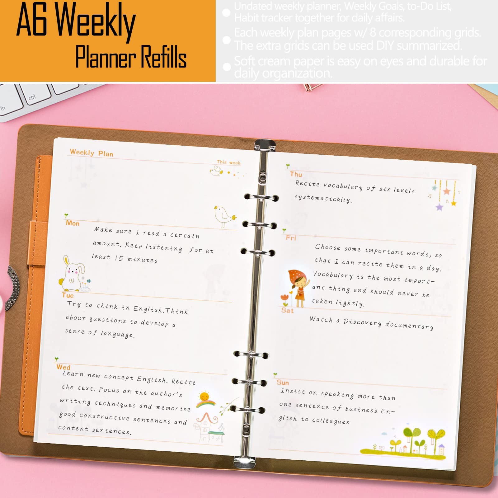 A6 Planner Inserts Weekly Planner Refills, 90 Pages Colorful 6-Ring Loose-leaf