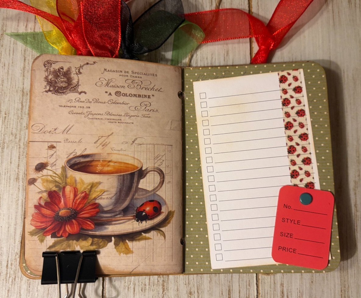 Junk Journal Handmade Booklet Book Vintage Ladybugs Flowers Pockets, Ephemera a