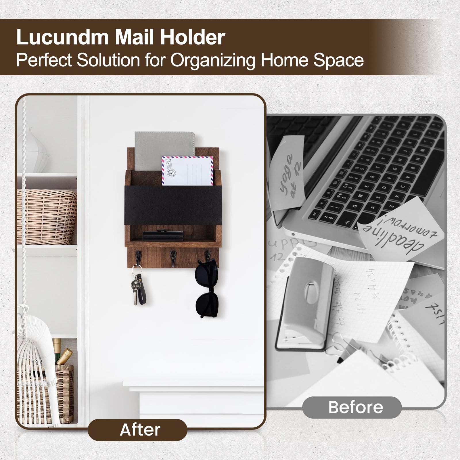 Brown Key Mail Holder Wall Hanger 3 Hooks Chalkboard Entryway Organizer