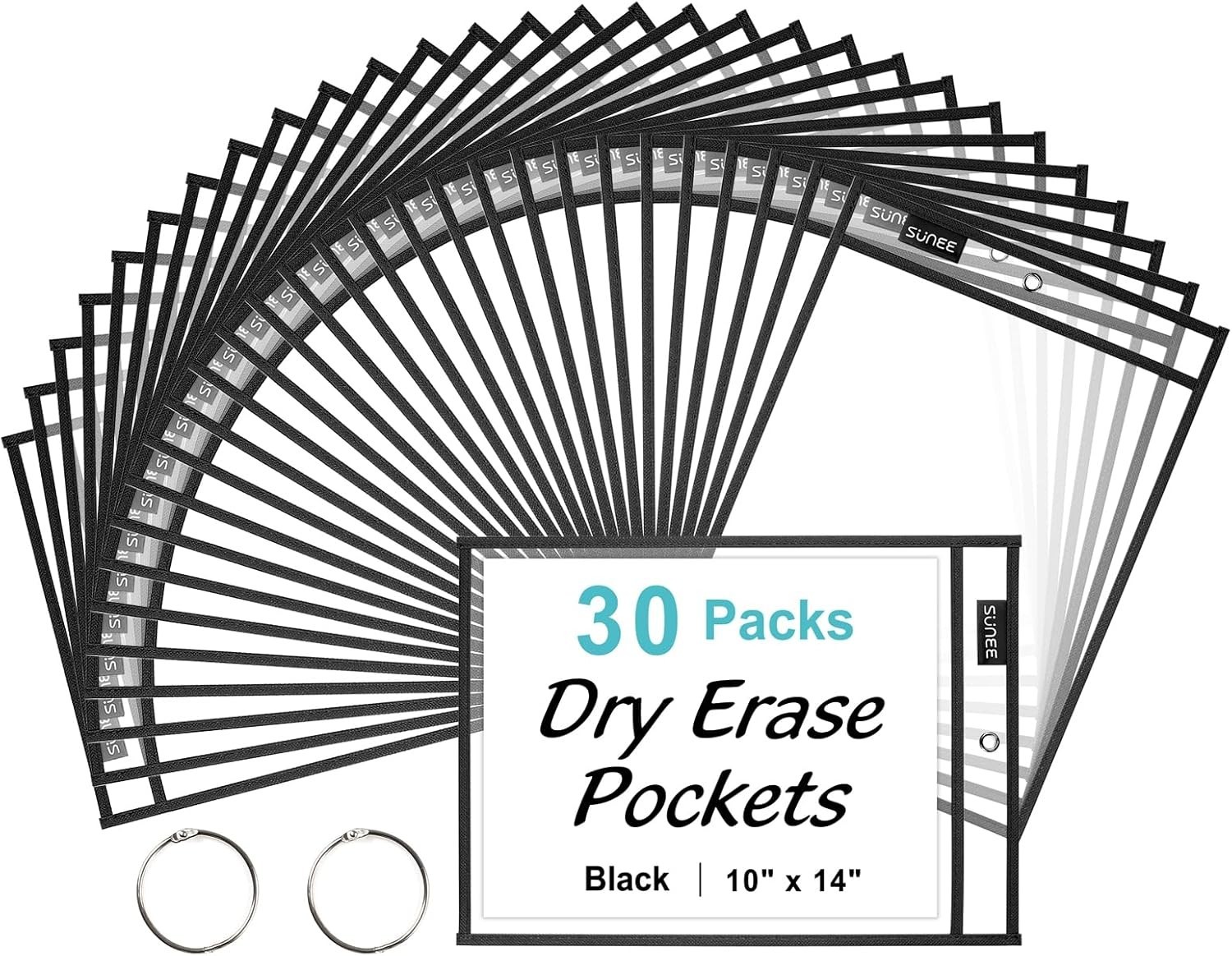 30 Packs Oversized Reusable Dry Erase Pocket Sleeves with 2 Rings, Black 10×1…