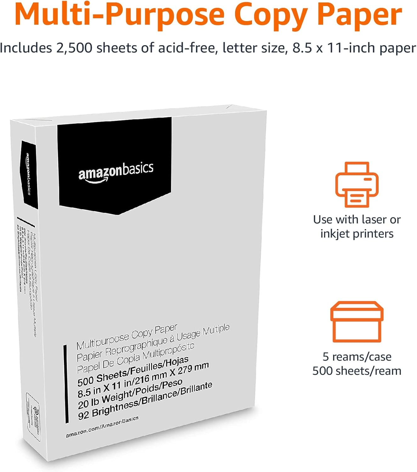 Multipurpose Copy Printer Paper, 20 Lb, 8.5 X 11 Inches, 5 Reams (2,500 Sheets),