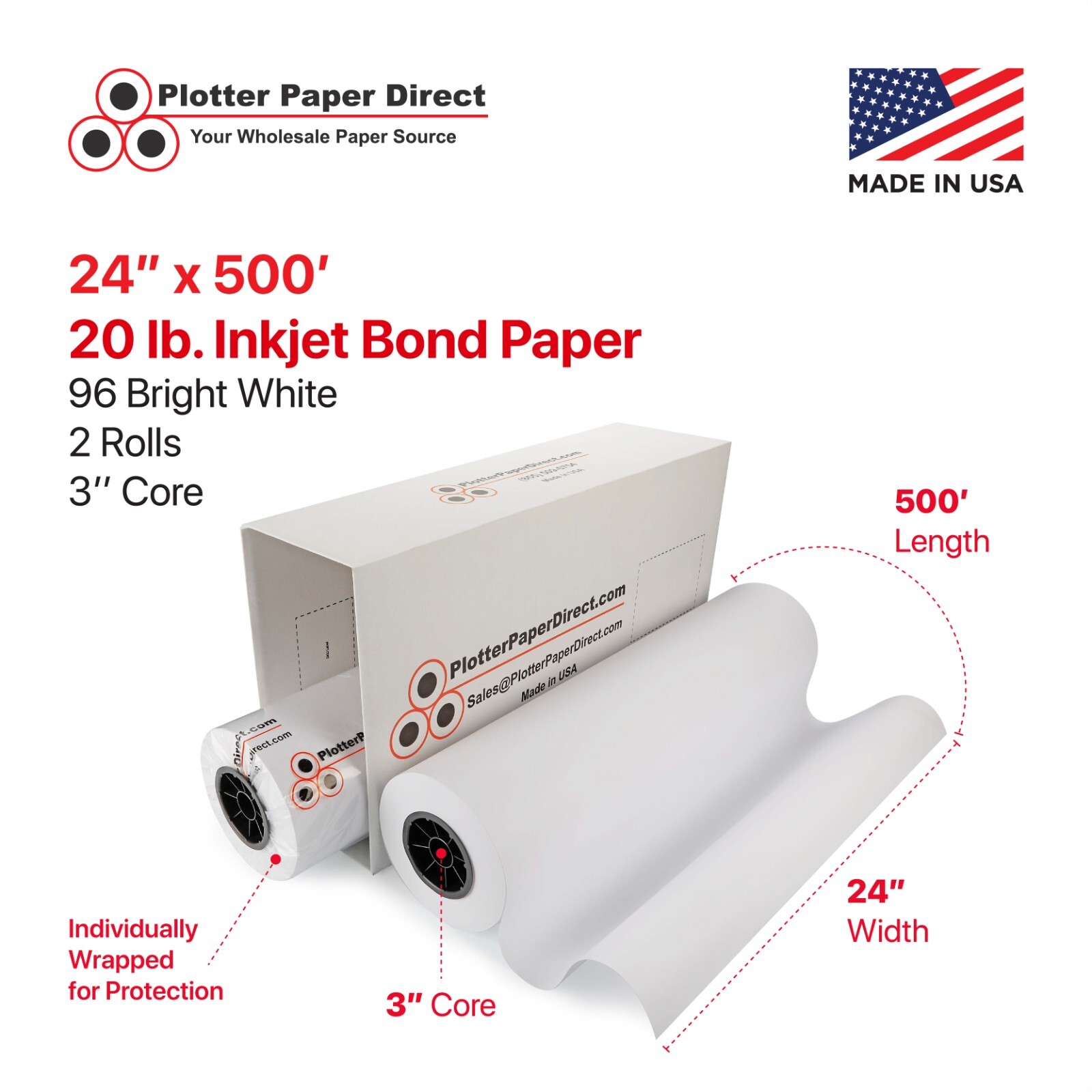 PlotterPaperDirect Paper Rolls, 24” x 500′ (2 Pack), 20 lb Uncoated on 3” Core