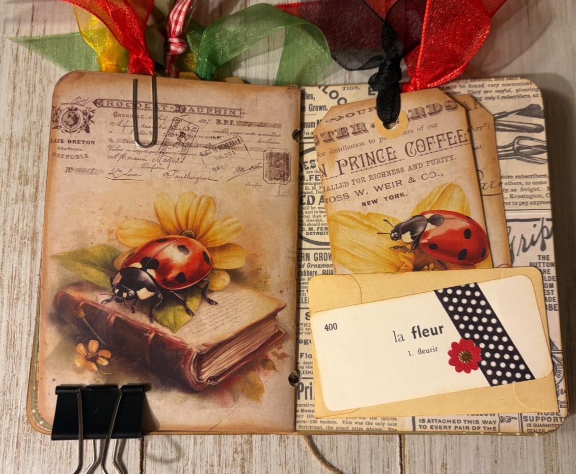 Junk Journal Handmade Booklet Book Vintage Ladybugs Flowers Pockets, Ephemera a
