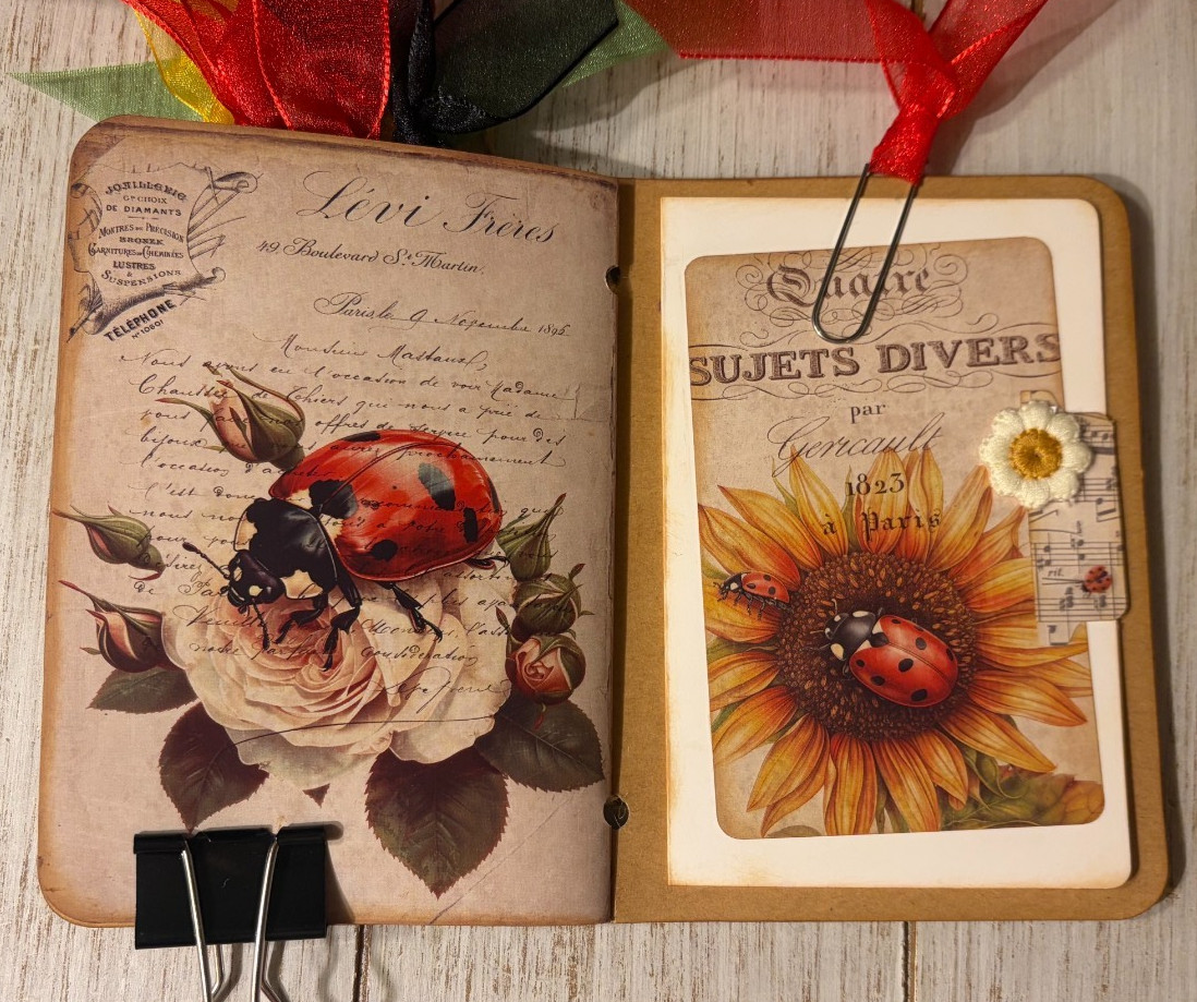 Junk Journal Handmade Booklet Book Vintage Ladybugs Flowers Pockets, Ephemera a