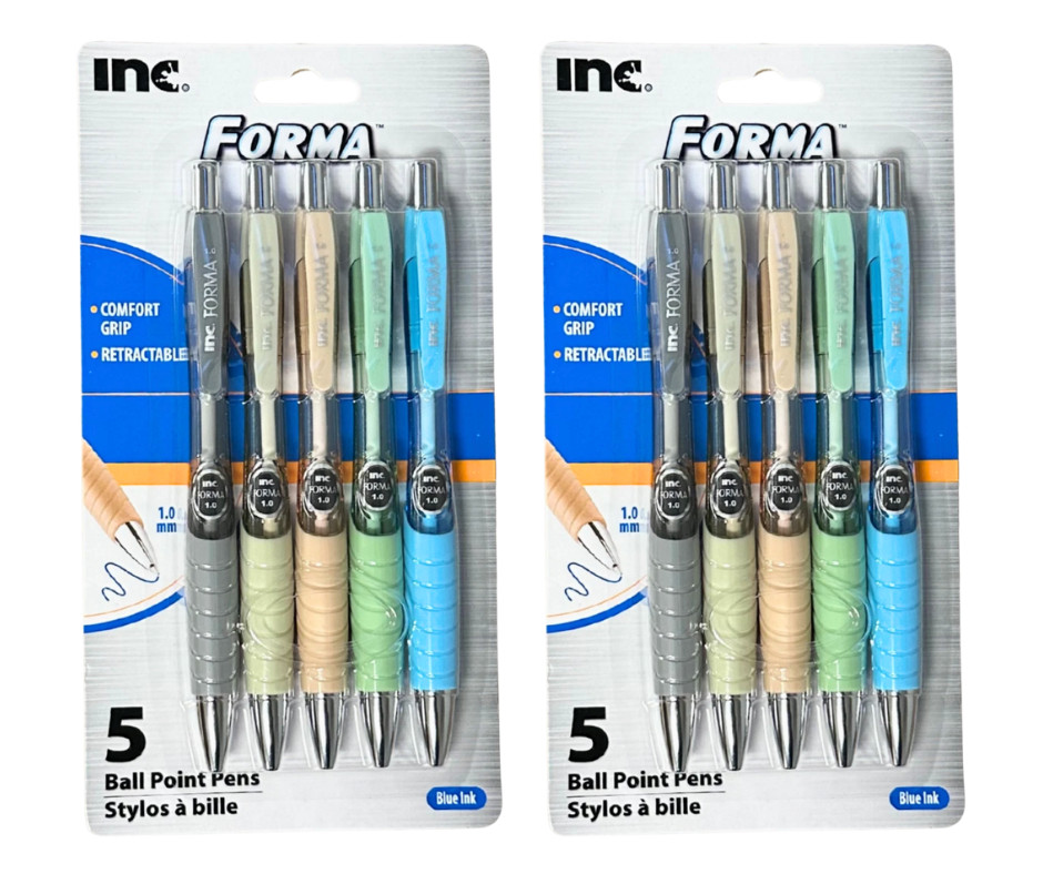 2-Pack Inc Forma Retractable Ball Point Pens 1.0 mm, 5 Asst. Barrels Blue Ink