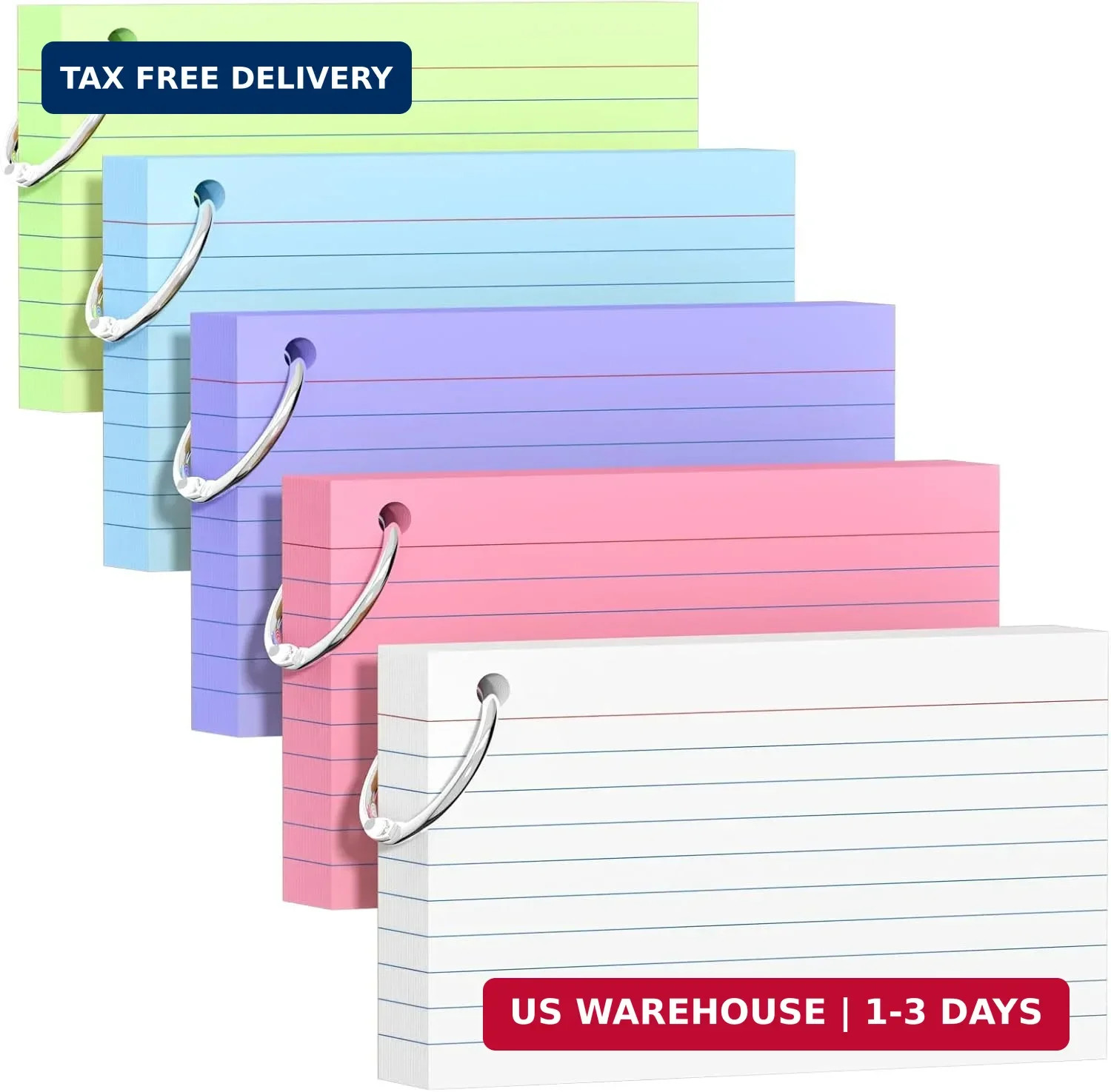 250 Count Colored Index Cards 3×5 Inch with Key Ring, 180gsm Heavy Weight Flash