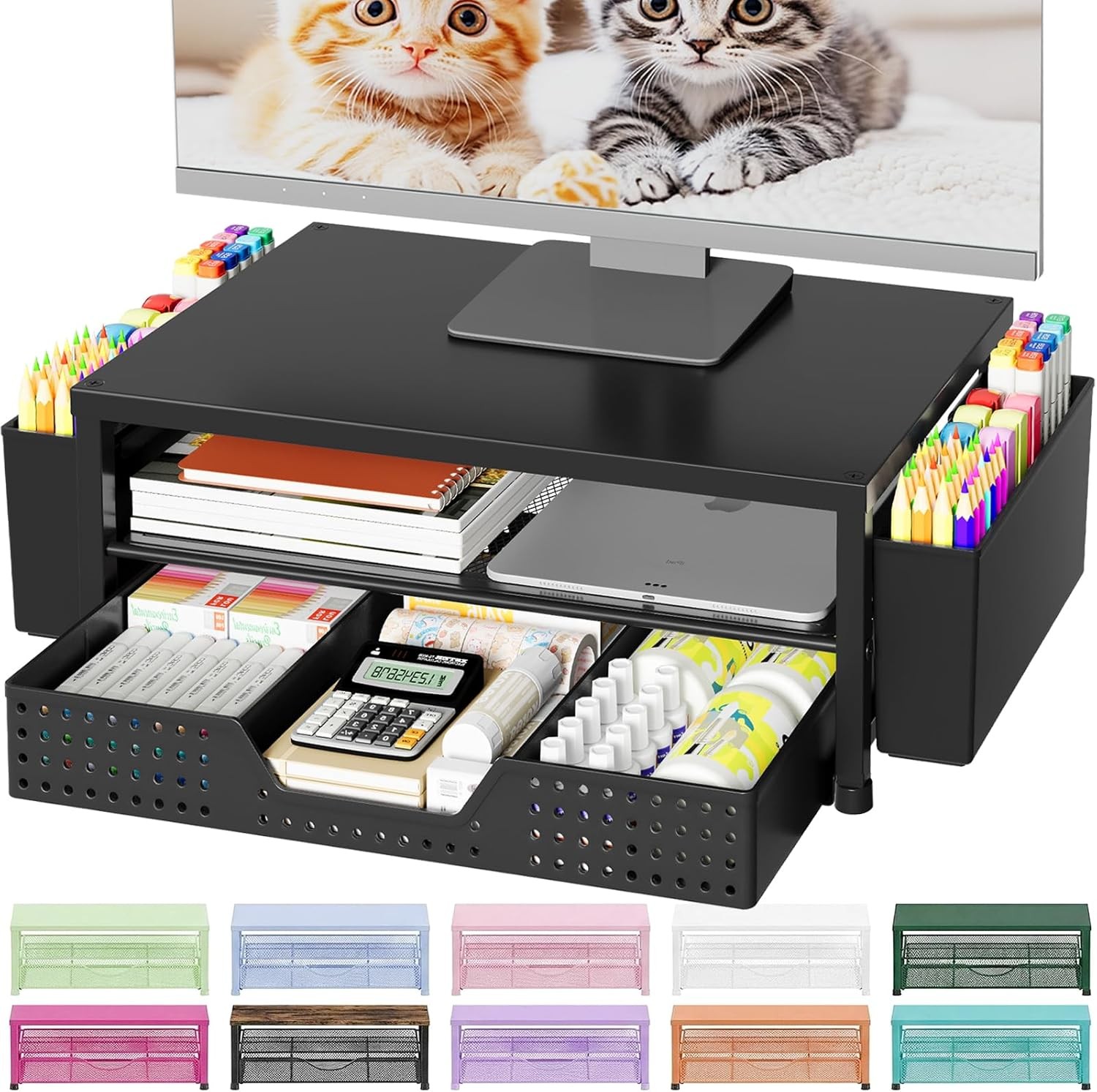 Desk Organizers and Accessories, Computer Monitor Stand Riser with Drawer