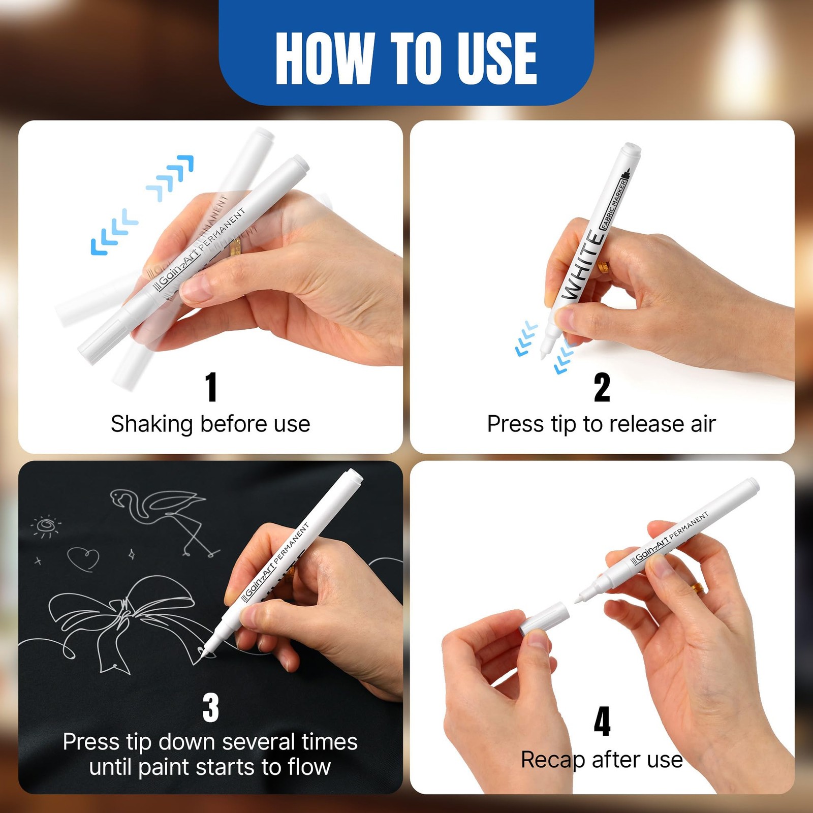 Gain-Art White Fabric Marker Pen, 0.7mm Fine Tip for Stain Cover on Clothes, …