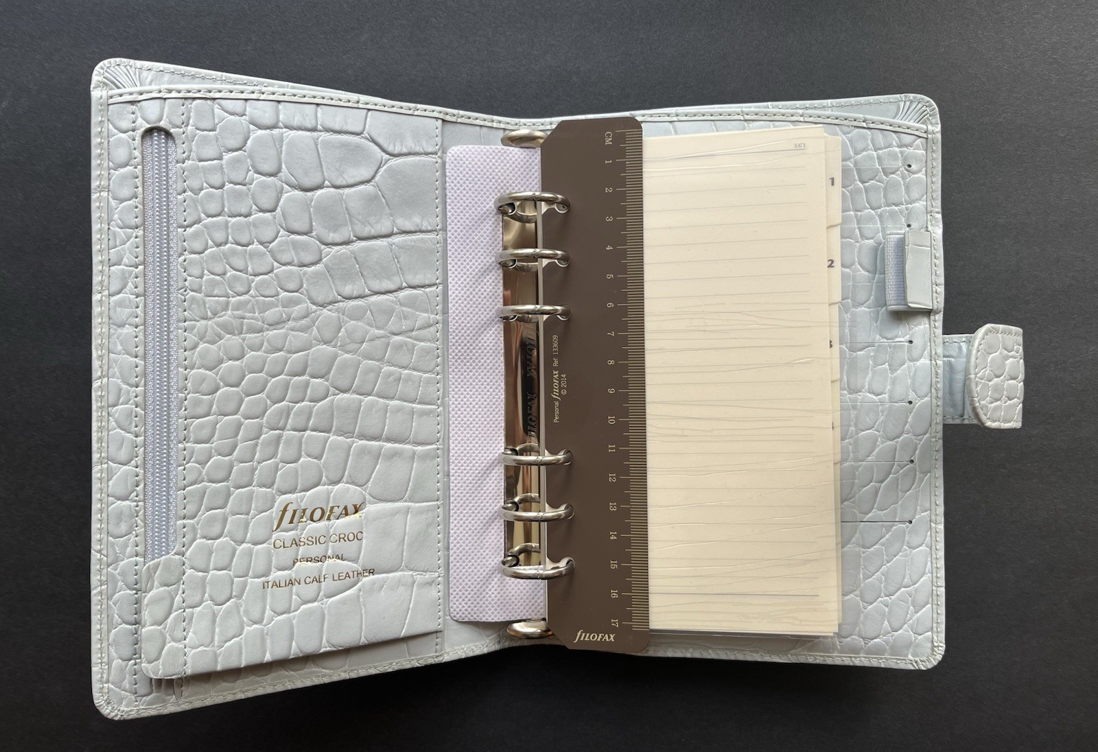Filofax Classic Croc Organizer Personal Size “Silver Mist” EUC Soft Italian Calf