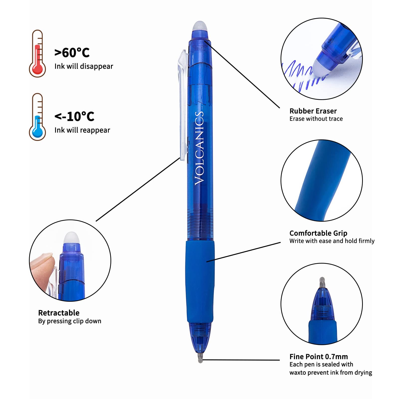 Volcanics Retractable Clicker Erasable 1 Count (Pack of 12), Blue and Black