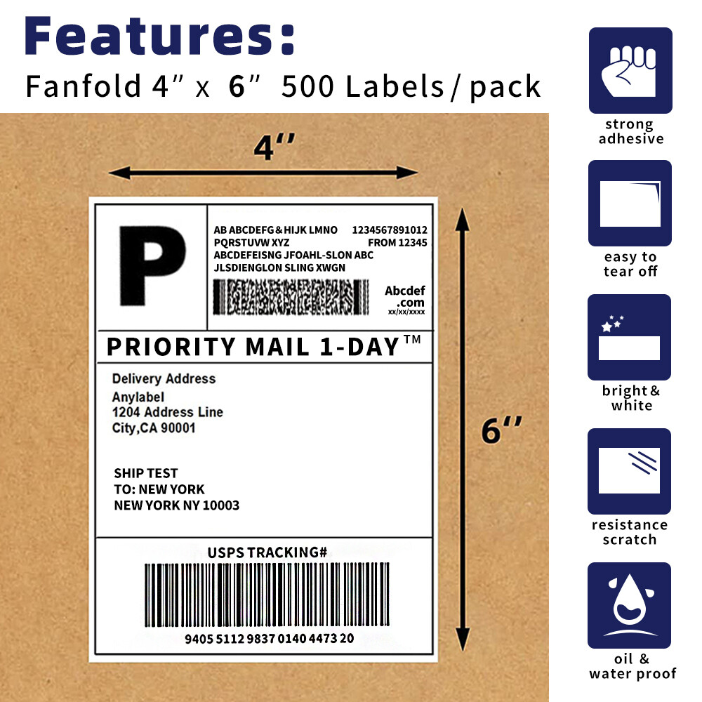 4×6 Fanfold Direct Thermal Shipping Labels for Zebra & Rollo Printers