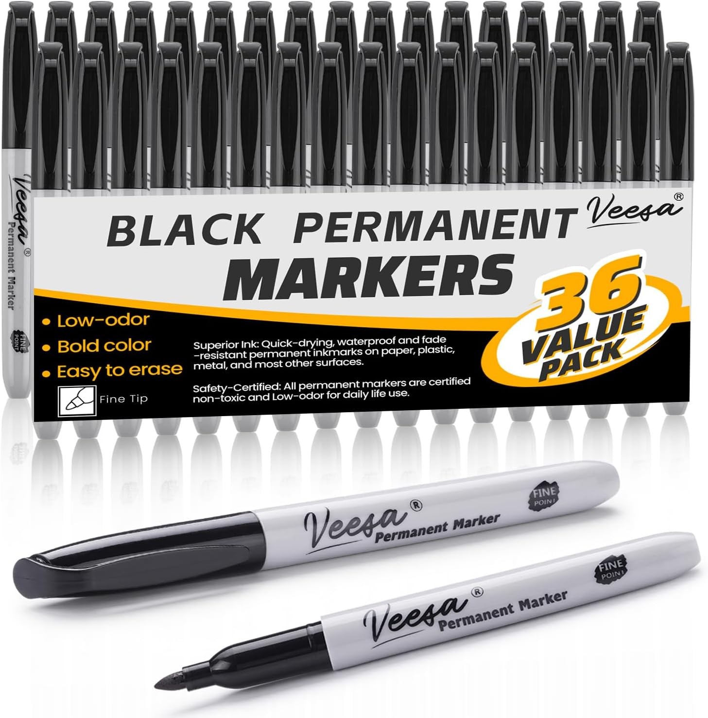 36 Pack Permanent Markers Fine Tip, Black Permanent Marker Pens for Office,
