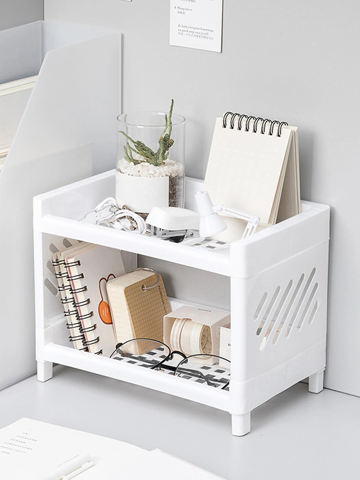 Rectangular White Double Layer Desktop Storage Rack Office Cosmetics Stationery